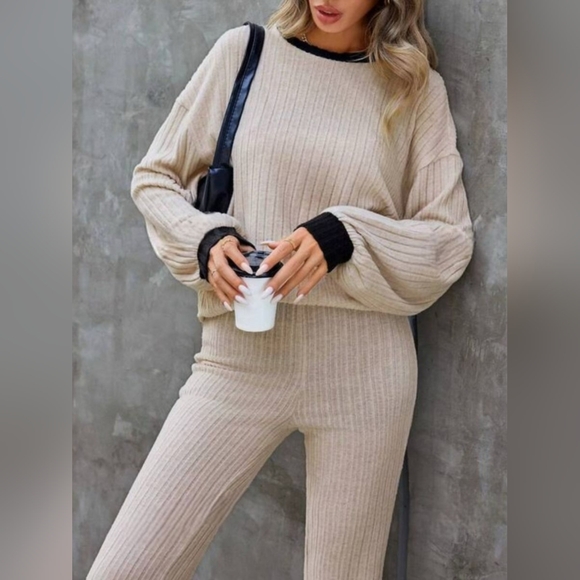 Contrast Round Neck Long Sleeve Top and Bootcut Pants Set - Picture 3 of 6